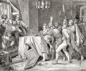 Jaroslav Brita van Martinice en Vilem Slavata van Chlum uit het raam van het paleis in Praag gegooid tijdens de Defenestratie van Praag, uit Ward en Locks geïllustreerde geschiedenis van de wereld